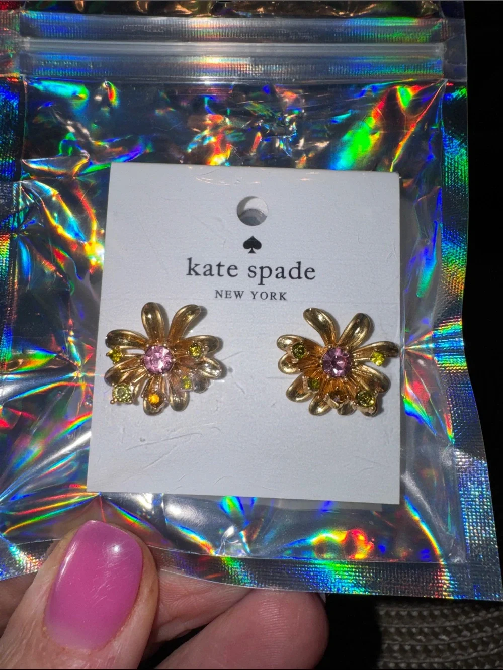 kate spade Gold Flower Crystal Stud Earrings with Pink and Green Accents